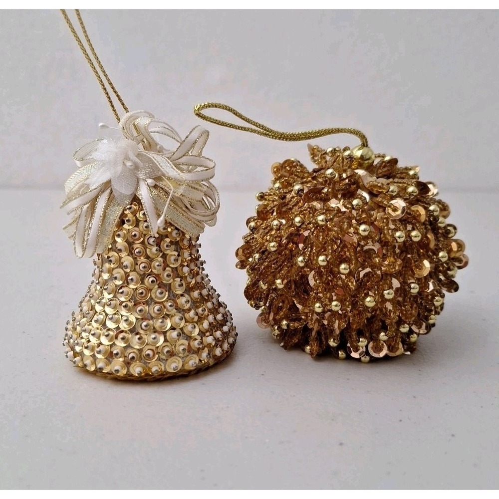 Vintage Ornate Hand Beaded Christmas Ornamenta Intricate Gold Bell & Globe, Set
